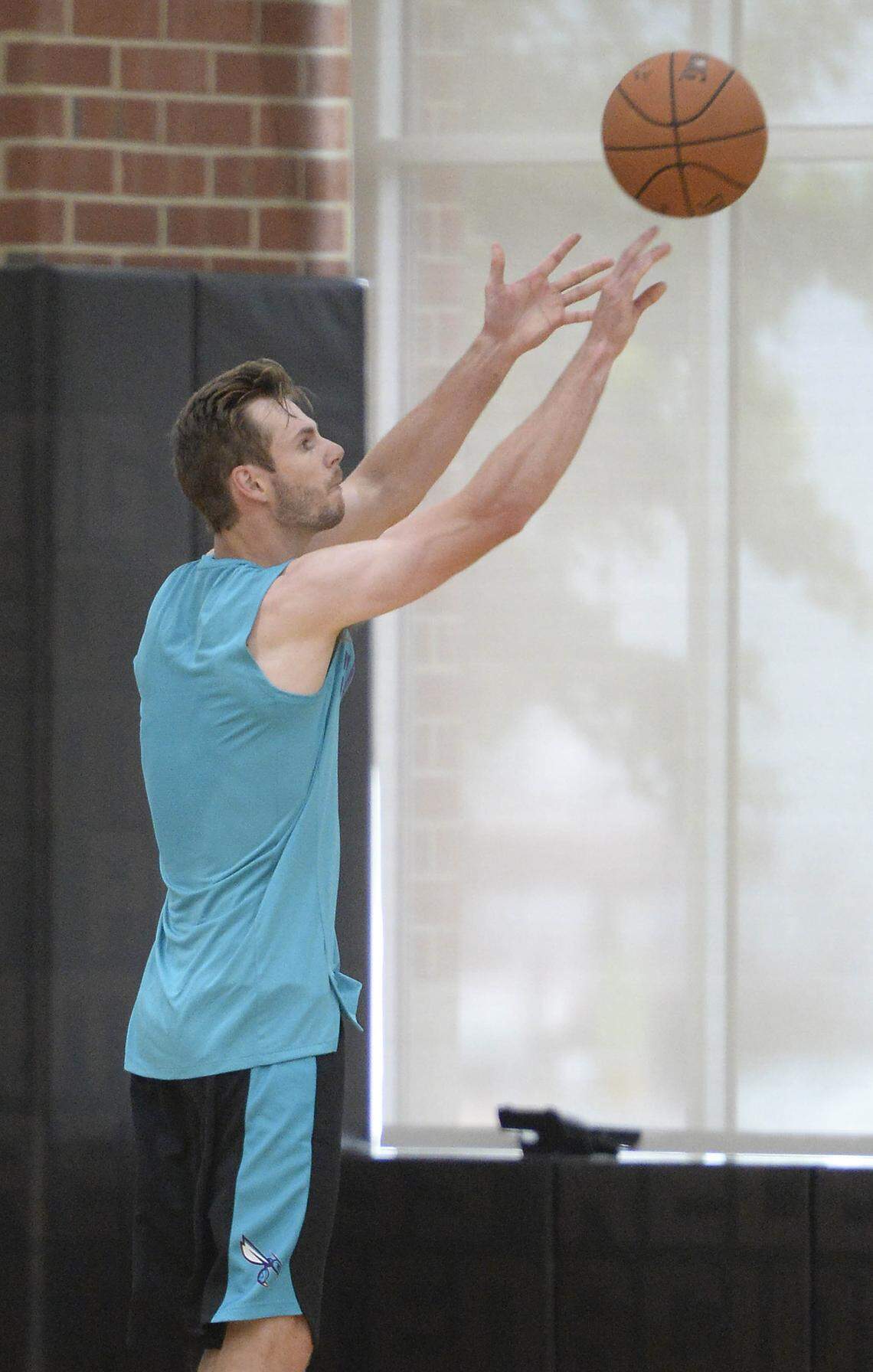 Connor Burchfield shoots a 3-pointer during the Charlotte Hornets pre-draft workout at Novant Health Training Center at Spectrum Center - Practice Court on Friday, May 25, 2018.