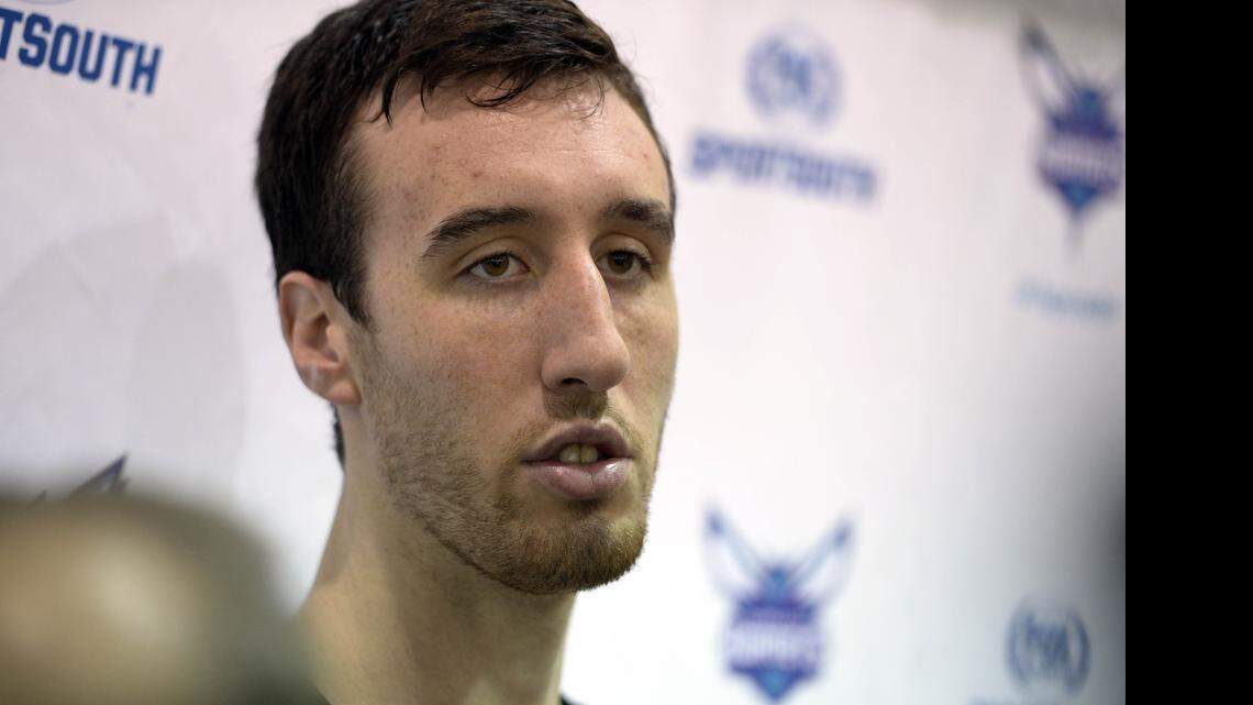 
Charlotte Hornets rookie Frank Kaminsky talks with the media after Wednesday’s minicamp practice at Time Warner Cable Arena.
