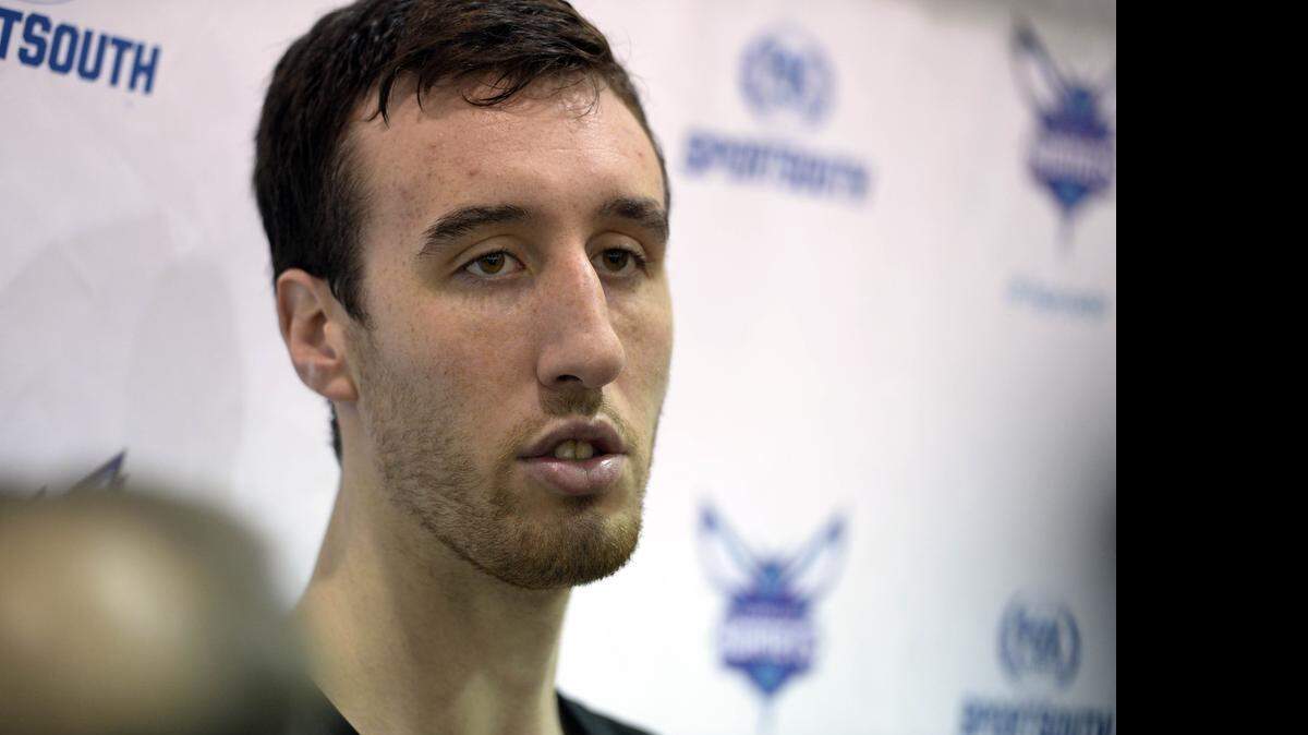 
Charlotte Hornets rookie Frank Kaminsky talks with the media after Wednesday’s minicamp practice at Time Warner Cable Arena.
