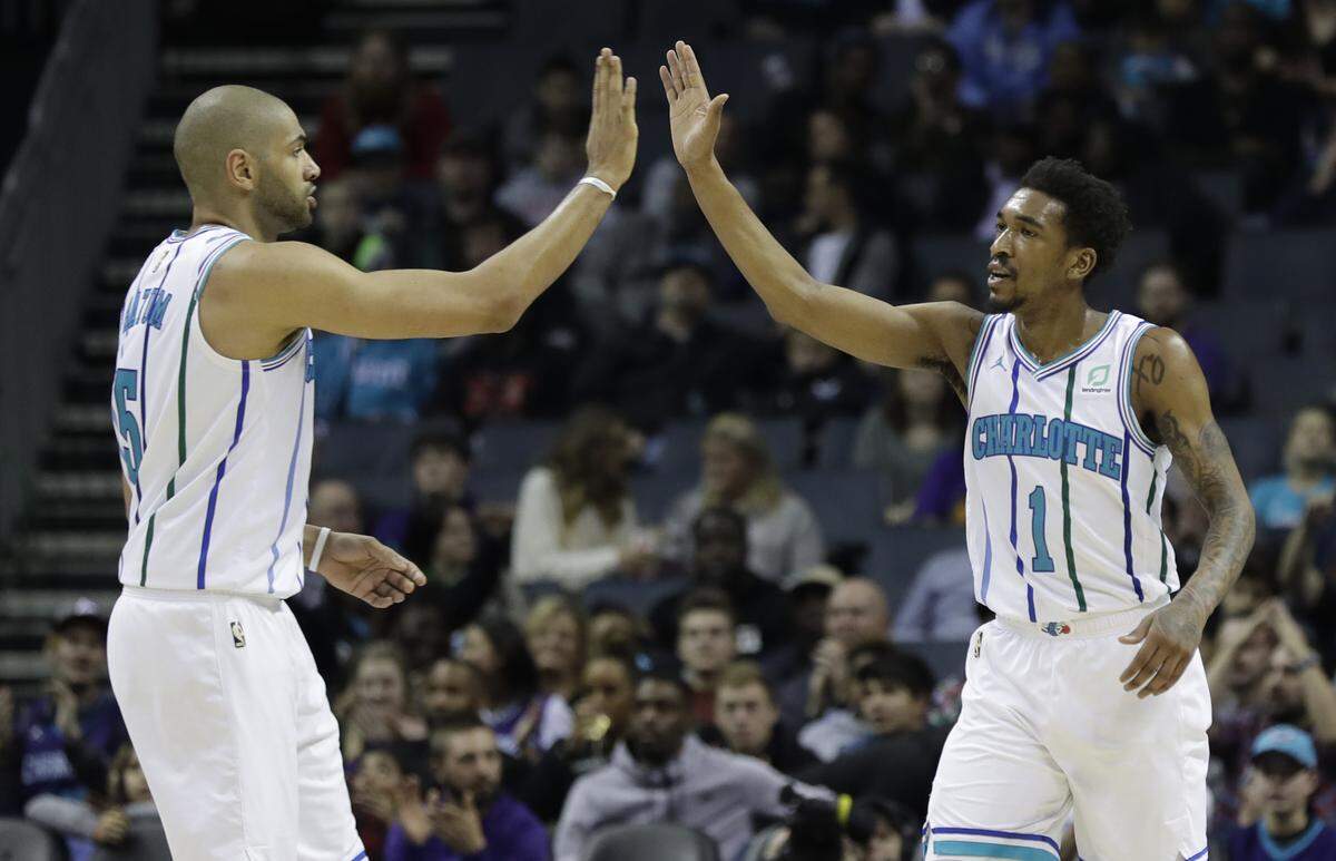 Charlotte Hornets’ Malik Monk (1) is congratulated by Nicolas Batum (5) during the first half of an NBA basketball game against the Phoenix Suns in Charlotte, N.C., Saturday, Jan. 19, 2019. (AP Photo/Chuck Burton)