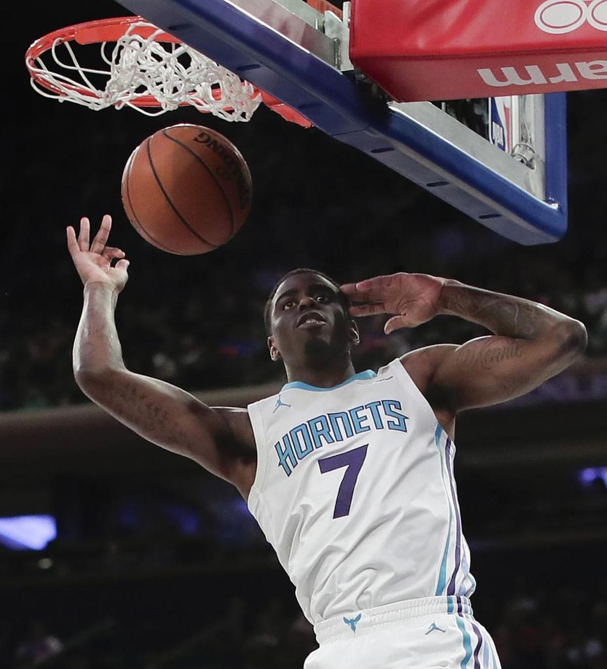Charlotte rookie forward Dwayne Bacon (7) led the Hornets with 15 points in Saturday’s game. The Knicks won 124-101 in New York.