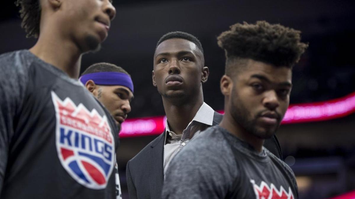 Sacramento Kings rookie Harry Giles (center), who played one season at Duke, is sitting out the remainder of the NBA season to recover from a knee injury.