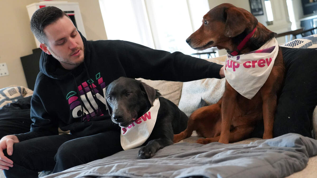 Alex Bowman, the 2022 Halifax Humane Society Humanitarian of the Year, hangs out with Finn (charcoal Labrador retriever, center) and Roscoe (beagle mix).