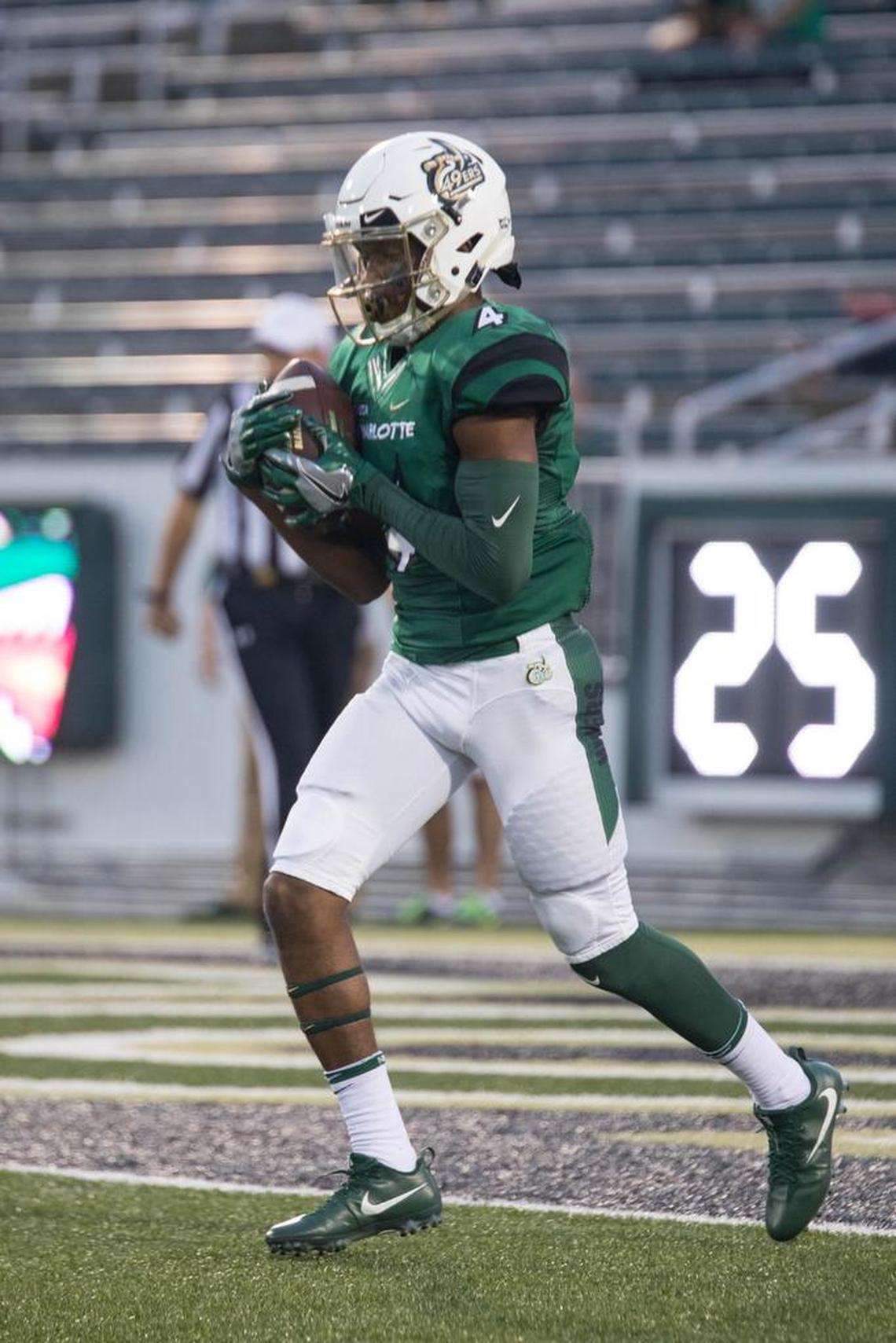 Charlotte 49ers wide receiver Chris Montgomery takes the opening kickoff in Saturday’s game against the Ala.-Birmingham Blazers at Richardson Stadium. Montgomery ended the game by connecting with quarterback Hasaan Klugh for the winning points on a flea flicker in overtime.