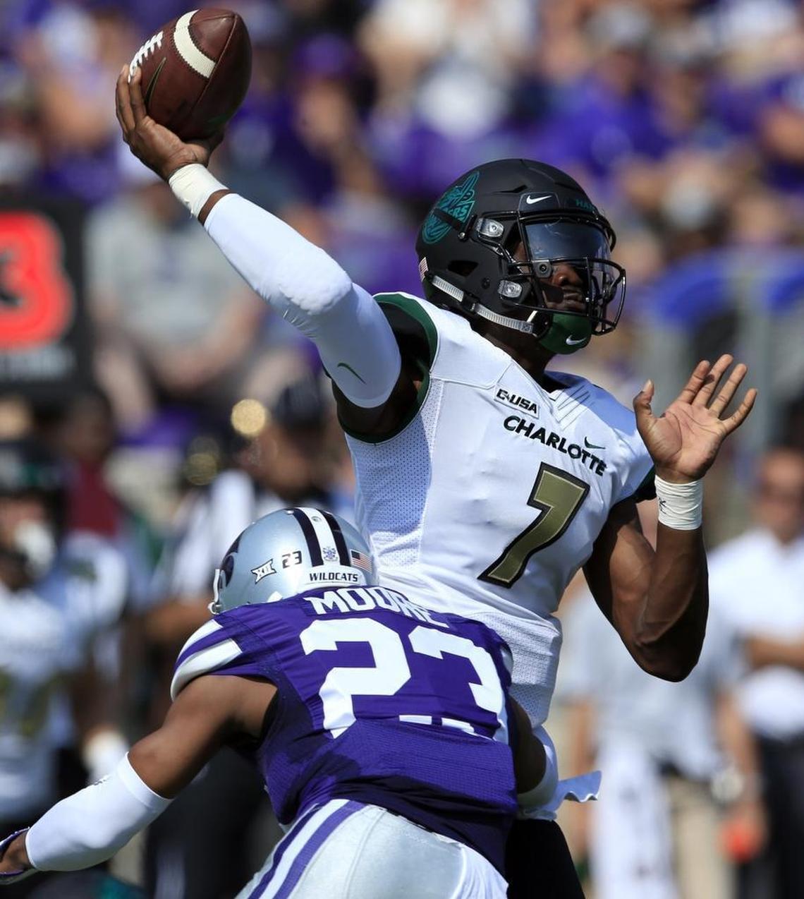 The lack of success on first- and second-down rushes is putting Charlotte quarterback Hasaan Klugh (7) in a big hole on many third-down situations.