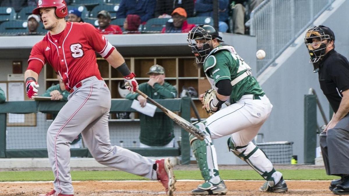 Wolfpack catcher Chance Shepard fouls the ball behind the catcher at BB&T Ballpark in Charlotte Tuesday.