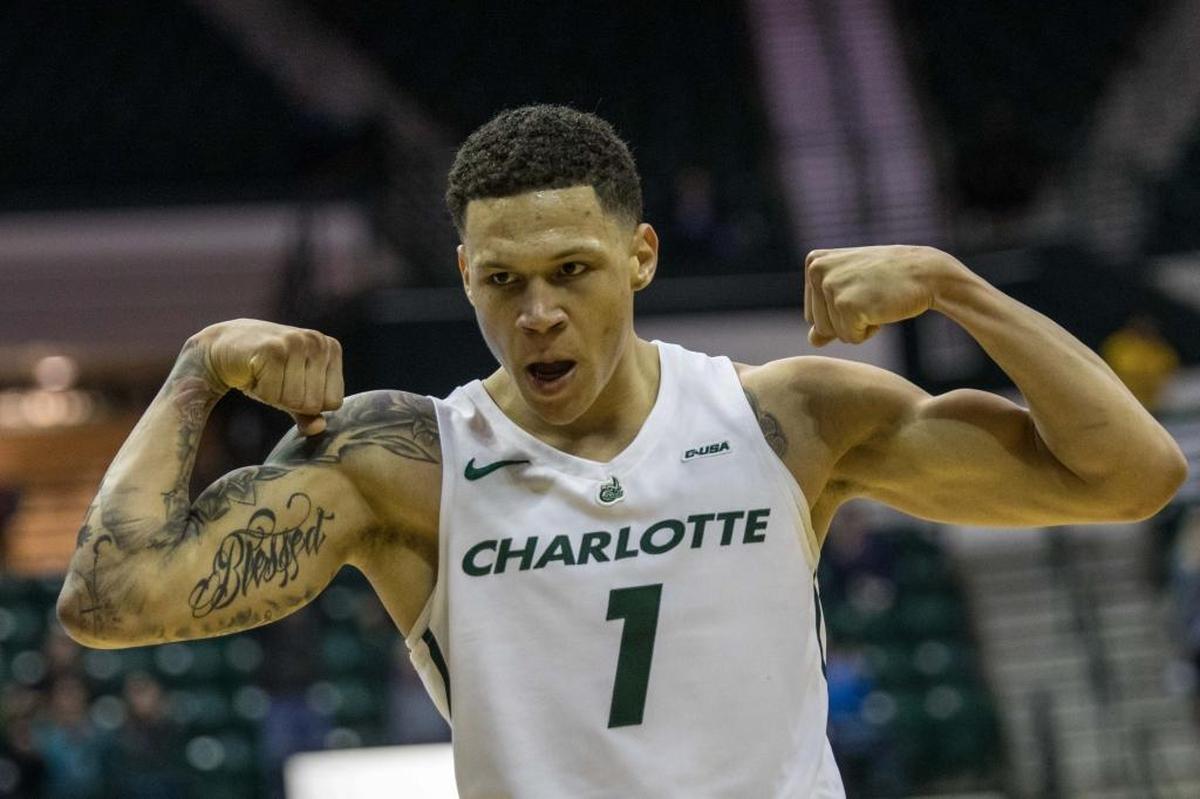 Charlotte 49ers forward Najee Garvin reacts after a three-point play cut the lead to just three points with under a minute to go against Middle Tennessee in Saturday’s Conference USA game at Halton Arena.