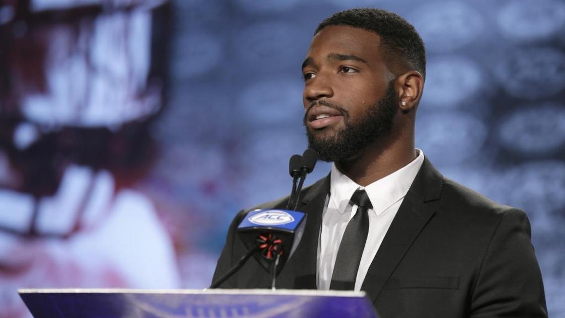 N.C. State’s Jaylen Samuels speaks to the media during the ACC Kickoff in Charlotte, his hometown, on Thursday. Samuels starred in high school at Mallard Creek.