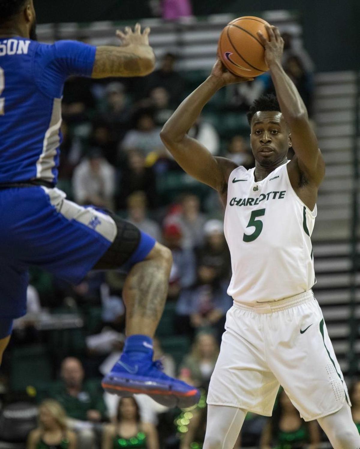 Charlotte 49ers guard Austin Ajukwa played all 40 minutes, scoring 12 points and pulling down seven rebounds, against Middle Tennessee in Saturday’s Conference USA game at Halton Arena.