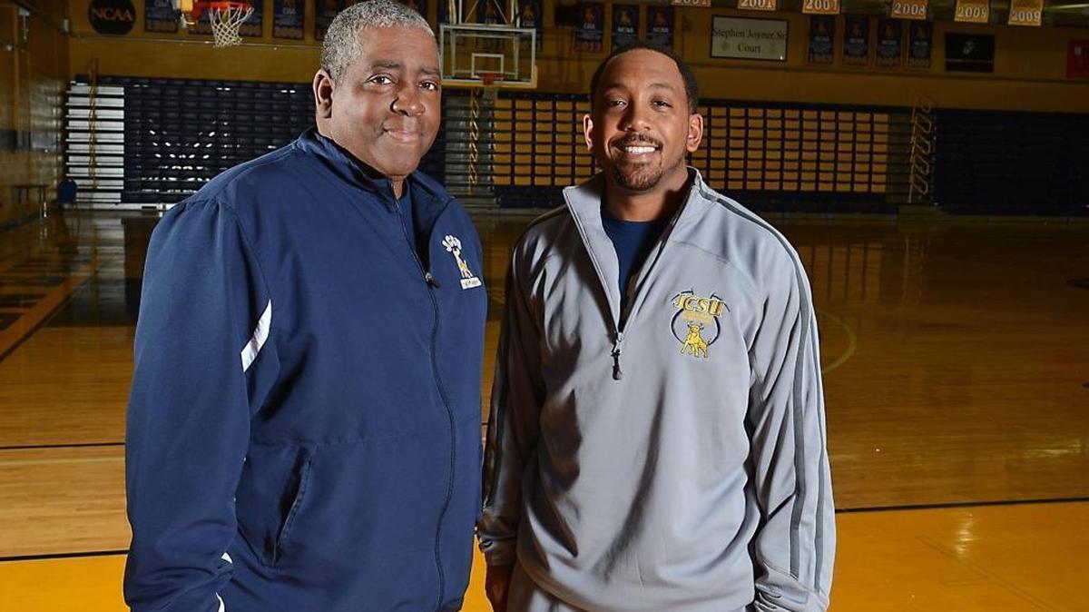 Johnson C. Smith men’s basketball coach Steve Joyner (left) and his son, Steve Joyner Jr. in 2017.