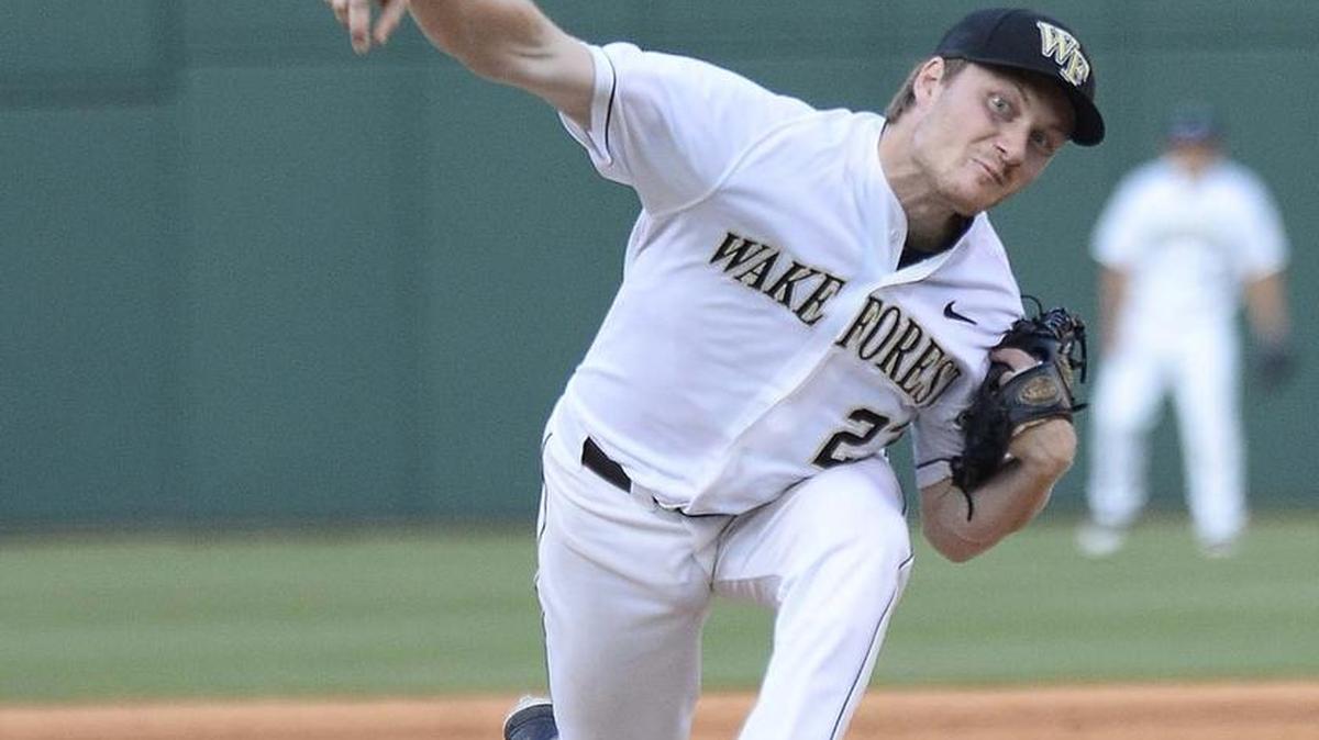 Wake Forest's starting pitcher Drew Loepprich fires off a pitch during Tuesday night's game played at BB&T Ballpark.