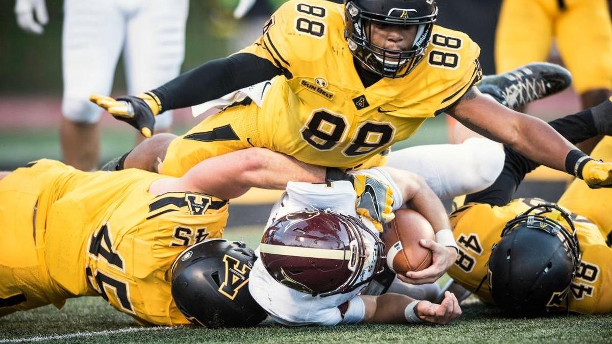 Appalachian State linebacker John Law (88) is the only player on the Mountaineers’ roster who appeared in a game in 2012, when the team won the Southern Conference title. This season, Appalachian State has clinched at least a share of the Sun Belt Conference championship.