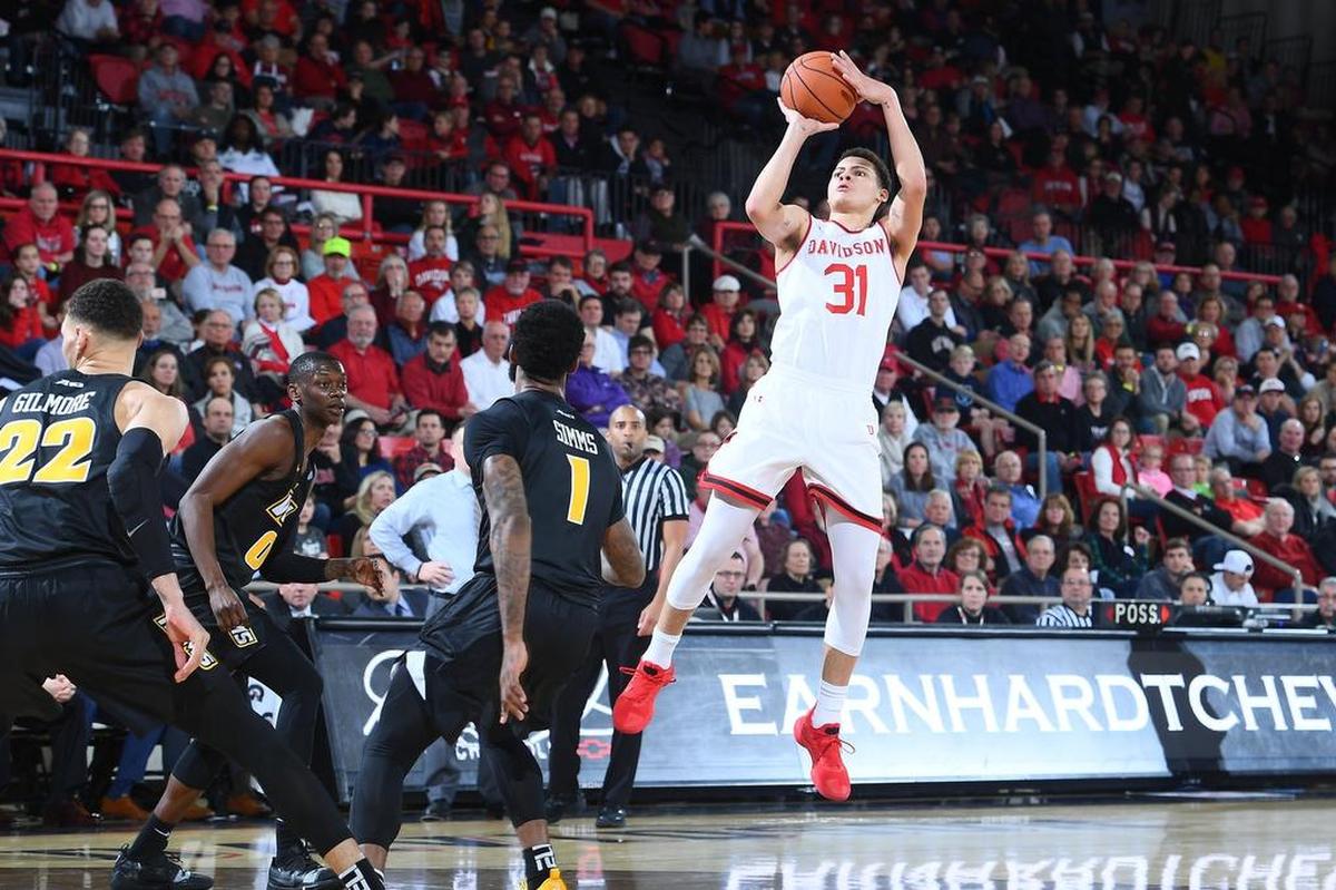 Davidson sophomore guard Kellan Grady knocks down a pull-up jumper against VCU late in the first half of Saturday’s Atlantic 10 men’s basketball game at Belk Arena. Grady finished with a game high 21 points as Davidson won 64-57.