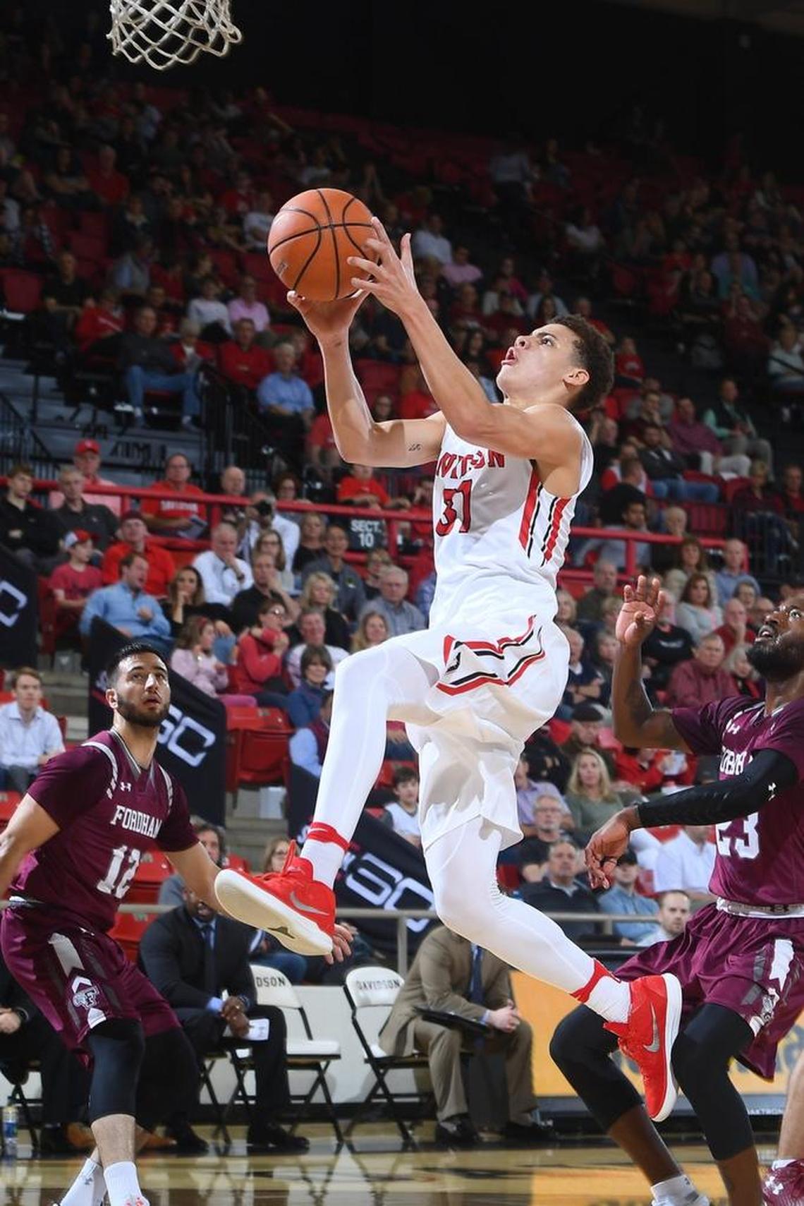 Davidson freshman guard Kellan Grady (31) got 28 points in a variety of ways in Wednesday’s game, but many of them came on layups as he sliced through the Rams defense.