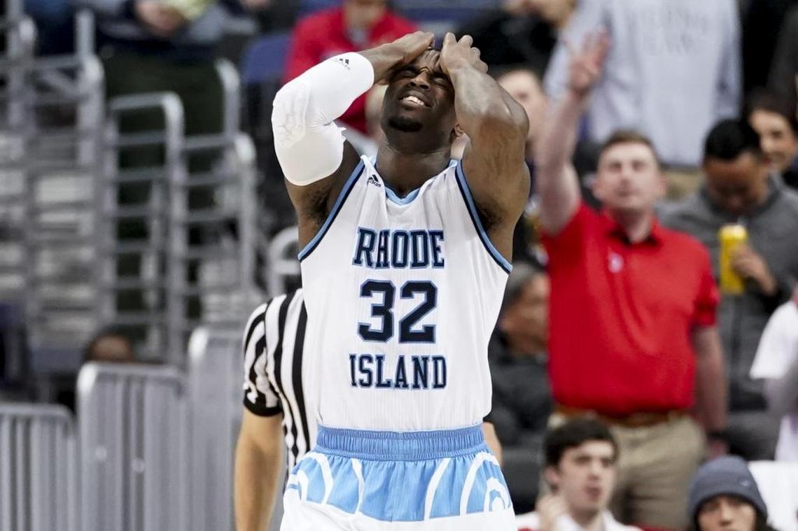 Rhode Island guard Jared Terrell (32) reacts after fouling during the second half of Sunday’s Atlantic 10 Conference tournament championship game against Davidson.