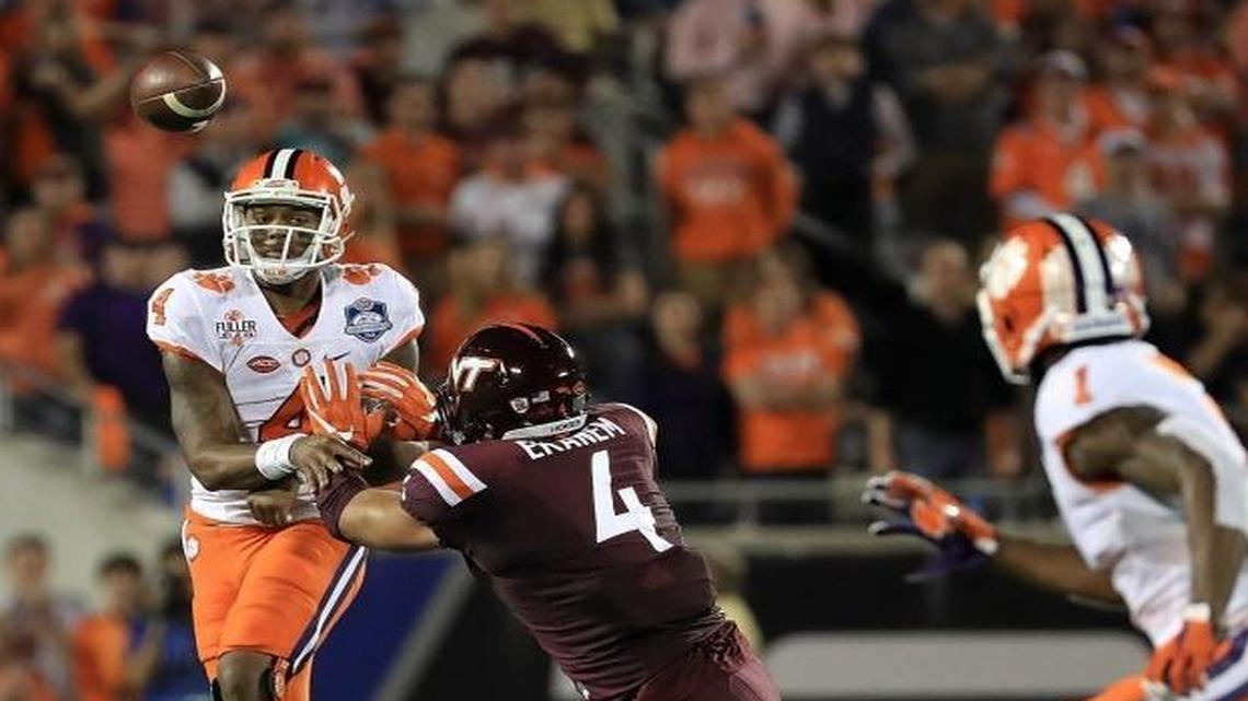 Clemson quarterback Deshaun Watson, named most valuable player, completed 23 of 34 passes for three touchdowns and 288 yards in Saturday’s ACC championship game in Orlando. Watson also rushed for 85 yards and two touchdowns.