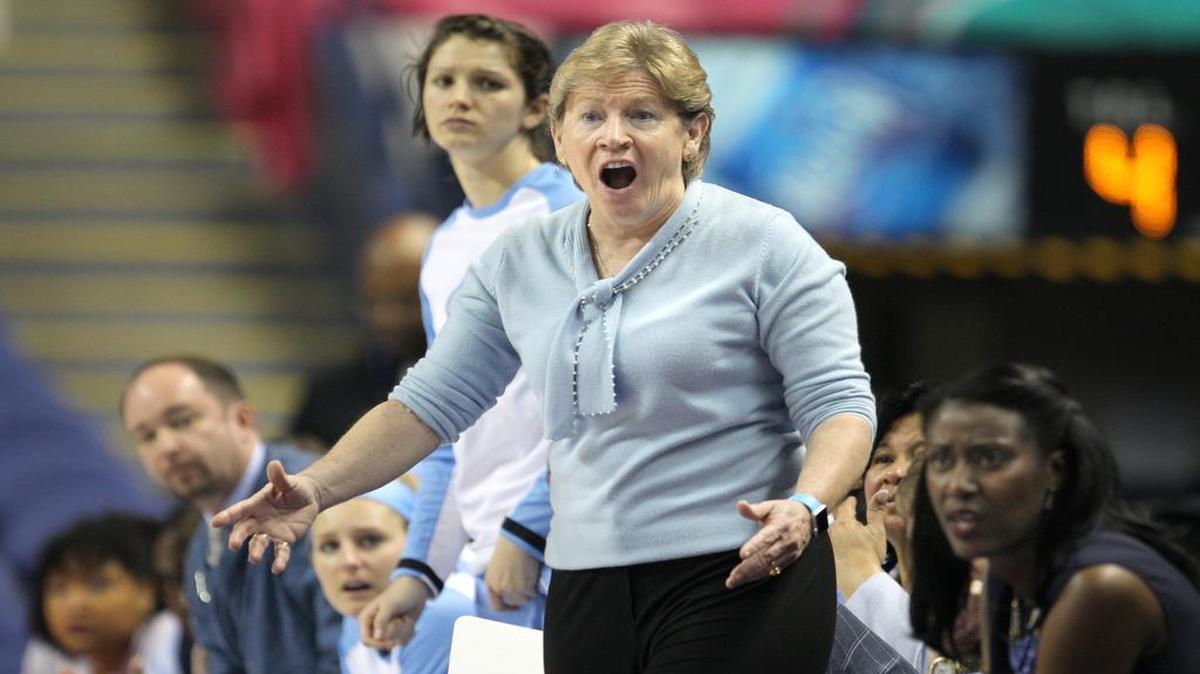 North Carolina coach Sylvia Hatchell reacts to a call during UNC’s 82-72 overtime loss to Pittsburgh in the first round of the ACC Women’s tournament on March 2 at the Greensboro Coliseum in Greensboro.