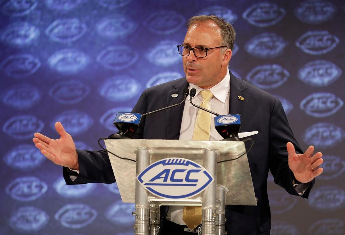 Pittsburgh head coach Pat Narduzzi answers a question during a news conference at the NCAA Atlantic Coast Conference college football media day in Charlotte, N.C., Wednesday, July 18, 2018. (AP Photo/Chuck Burton)