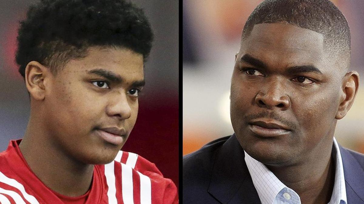 Nebraska wide receiver Keyshawn Johnson Jr., left, has taken a leave of absence from the Cornhuskers football program. His father, Keyshawn Johnson, right, says he’ll have to mature before he plays again.