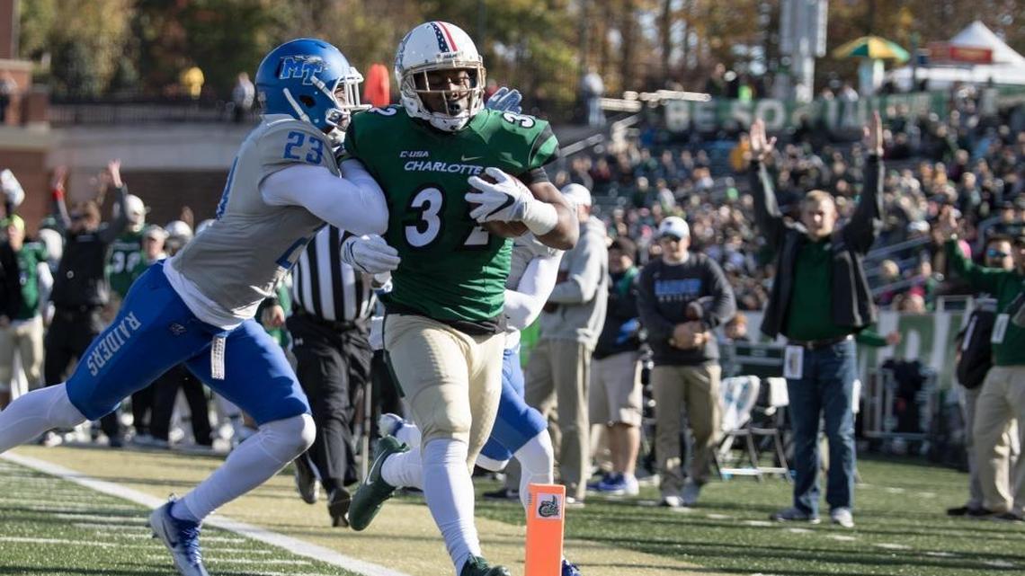 Charlotte 49ers running back Benny LeMay scores on a first-quarter touchdown run during Saturday’s game against Middle Tennessee at Richardson Stadium. The 49ers fell 35-21 to the Blue Raiders.