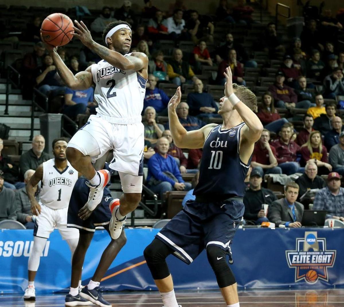 Queens guard Jalin Alexander (2) scored 13 points against California Baptist in Tuesday’s NCAA basketball Division II Elite Eight game at the Sanford Pentagon in Sioux Falls, S.D. The Royals won 100-94 to advance to the Final Four.