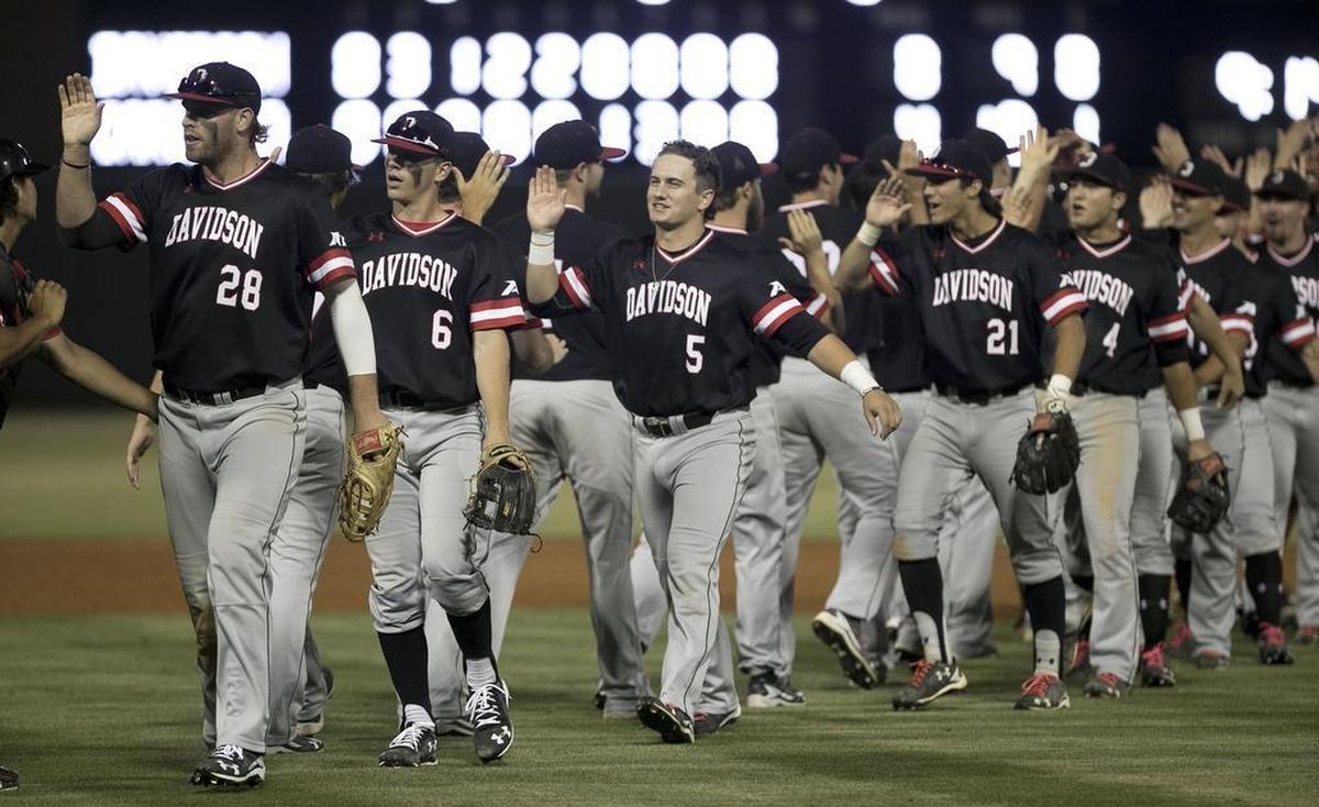 Davidon celebrates an 8-4 victory over No. 2 national seed North Carolina in an NCAA regional baseball game on Friday at Boshamer Stadium in Chapel Hill. The Wildcats won their first Atlantic 10 Conference title and are in their first NCAA tournament.