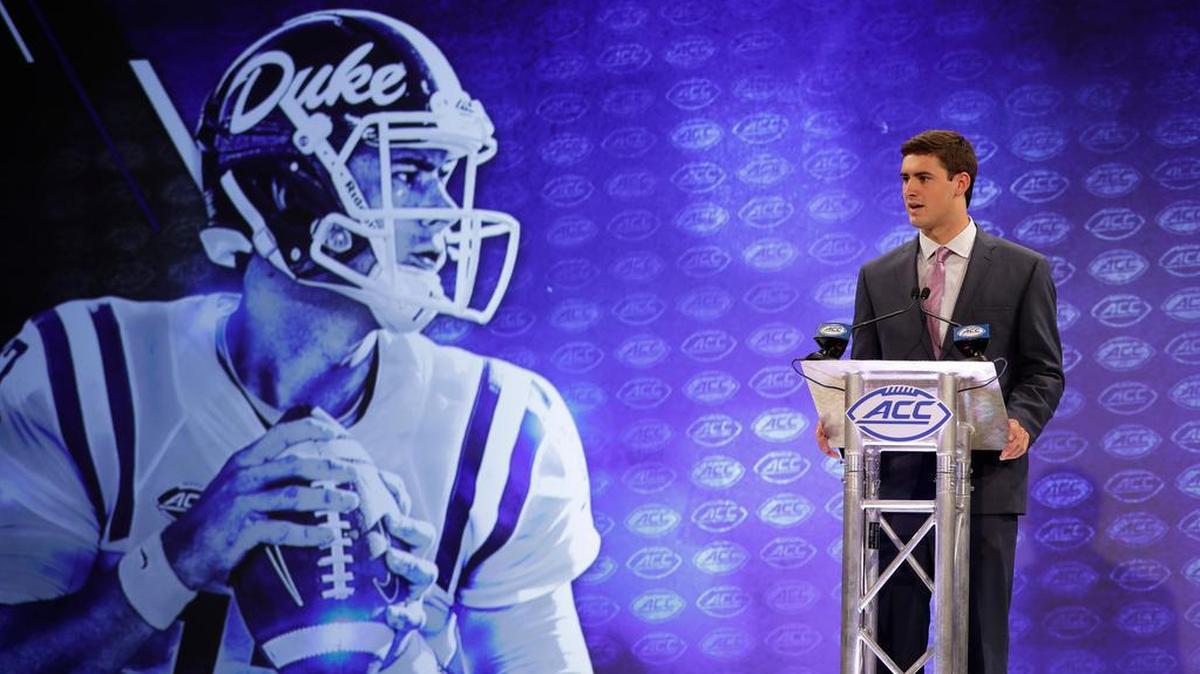 Former Charlotte Latin QB Daniel Jones is the clear leader of the Duke Blue Devils offense. Above, Jones speaks at Wednesday’s ACC Kickoff in Charlotte.