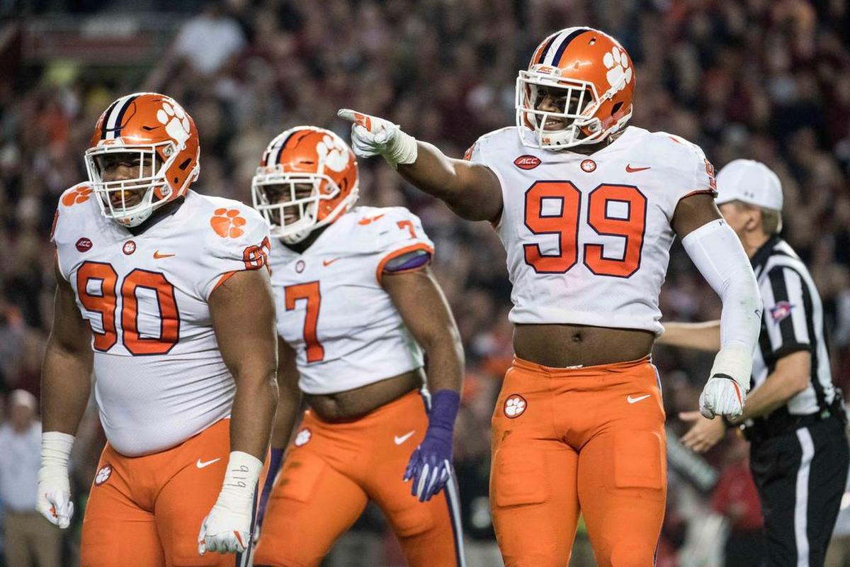 Defensive linemen Clelin Ferrell (99) and Austin Bryant (7) will join Dexter Lawrence (90) and Christian Wilkins to form one of the most formidable lines in the country in 2018.