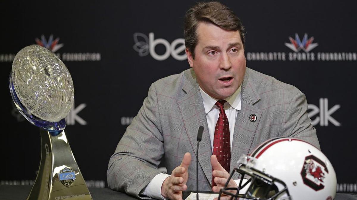 South Carolina football coach Will Muschamp attended Thursday’s Belk Bowl news conference in Charlotte. Muschamp and the Gamecocks will play Virginia in the Belk Bowl at Bank of America Stadium on Saturday, Dec. 29.