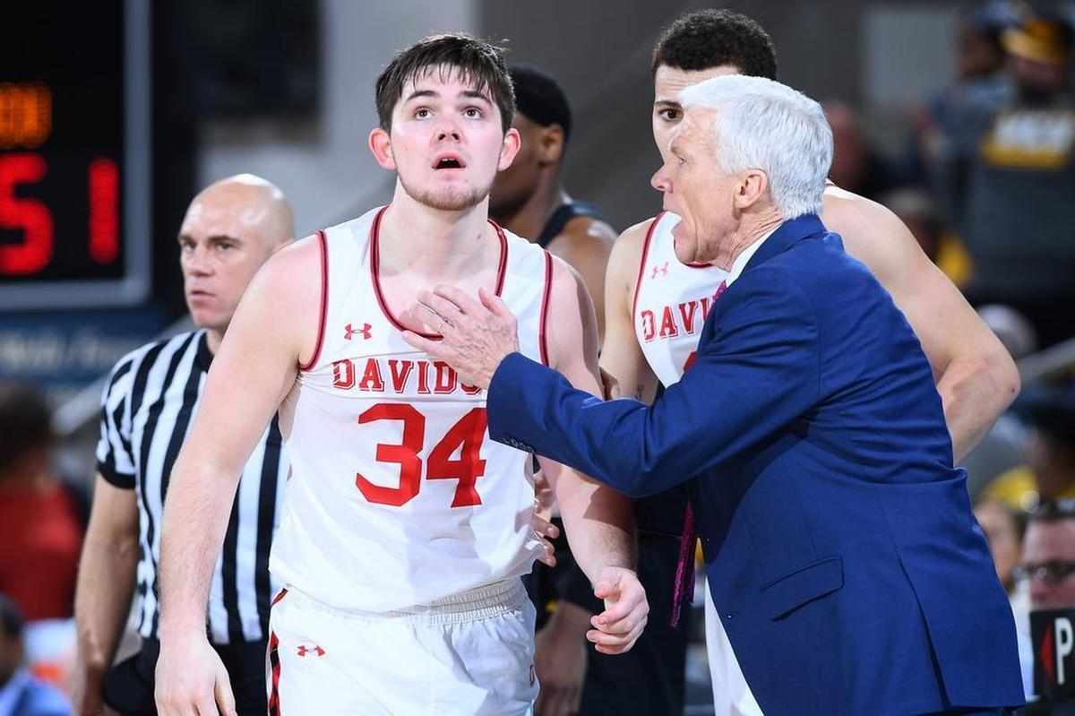Davidson head coach Bob McKillop talks with Luke Frampton (34) in January. The Wildcats are tied for second in the Atlantic 10 and probably need to win their conference tournament in March to make the NCAA tournament field.