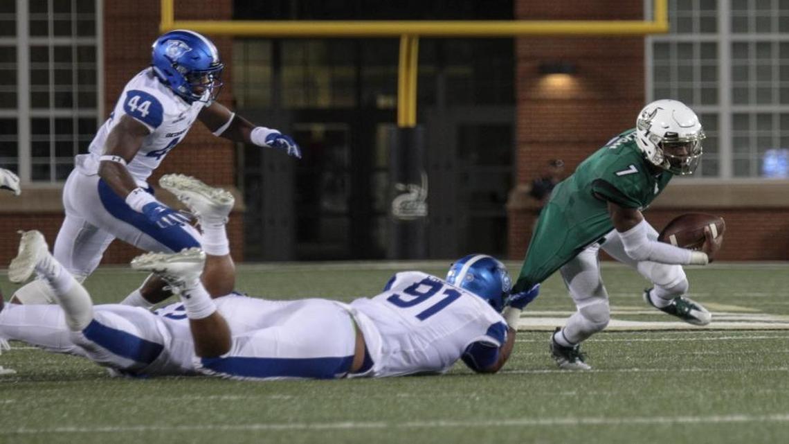 Georgia State’s Julien Laurent (91) sacks Charlotte 49ers quarterback Hasaan Klugh in Saturday’s college football game at Richardson Stadium.