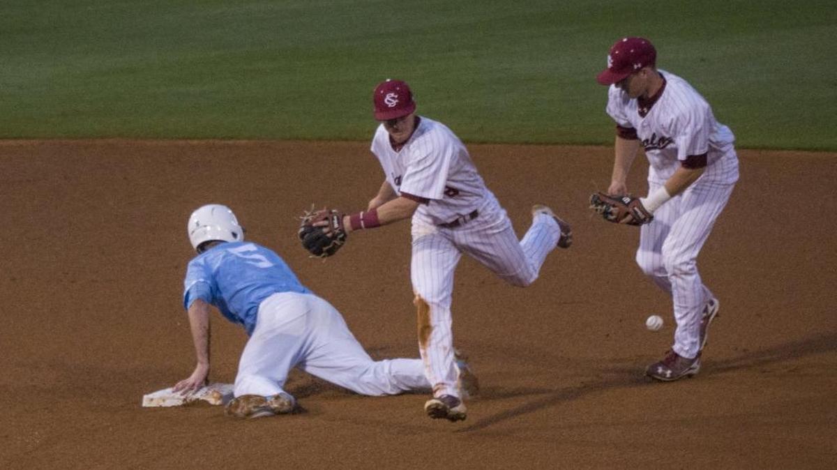 Tar Heel Brian Miller (5) safely steals second base in the fourth inning. Miller later went on to score the first run for North Carolina in Wednesday’s game against South Carolina at BB&T BallPark in Charlotte.