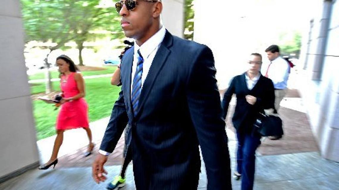 Former Carolina Panthers defensive end Greg Hardy walks into the Mecklenburg County Courthouse July 15, 2014. Jeff Siner jsiner@charlotteobserver.com Read more here: http://www.charlotteobserver.com/sports/nfl/carolina-panthers/article19087710.html#storylink=cpy