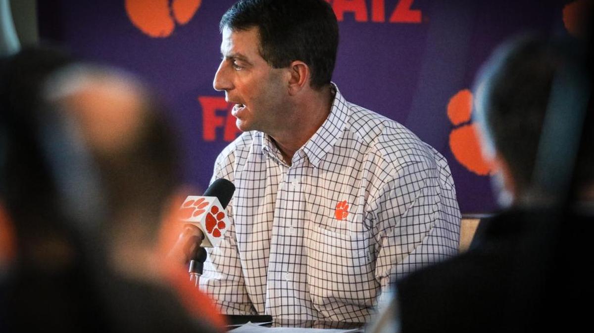 Clemson's Dabo Swinney takes questions during the last media availability at Clemson before the National Championship game.