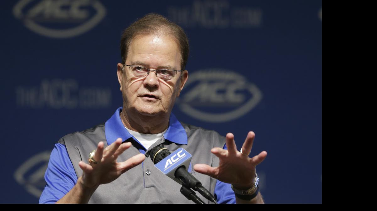 
Duke coach David Cutcliffe responds to questions during the ACC NCAA football kickoff in Pinehurst July 21, 2015.
