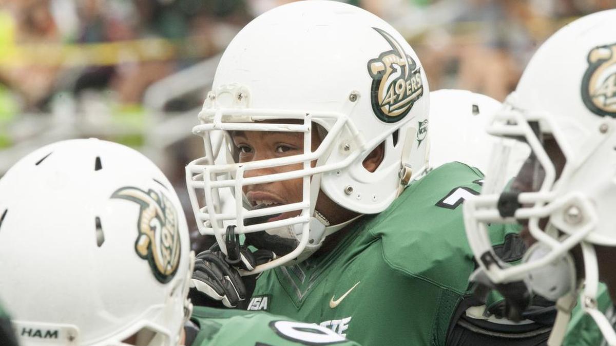 
Charlotte 49ers offensive linebacker Jamal Covington is seen prior to facing Presbyterian at Jerry Richardson Stadium.
