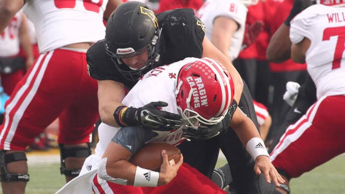 Appalachian State linebacker Eric Boggs makes a tackle during the Mountaineers game against UL Monroe on Oct. 17 in Monroe, La.