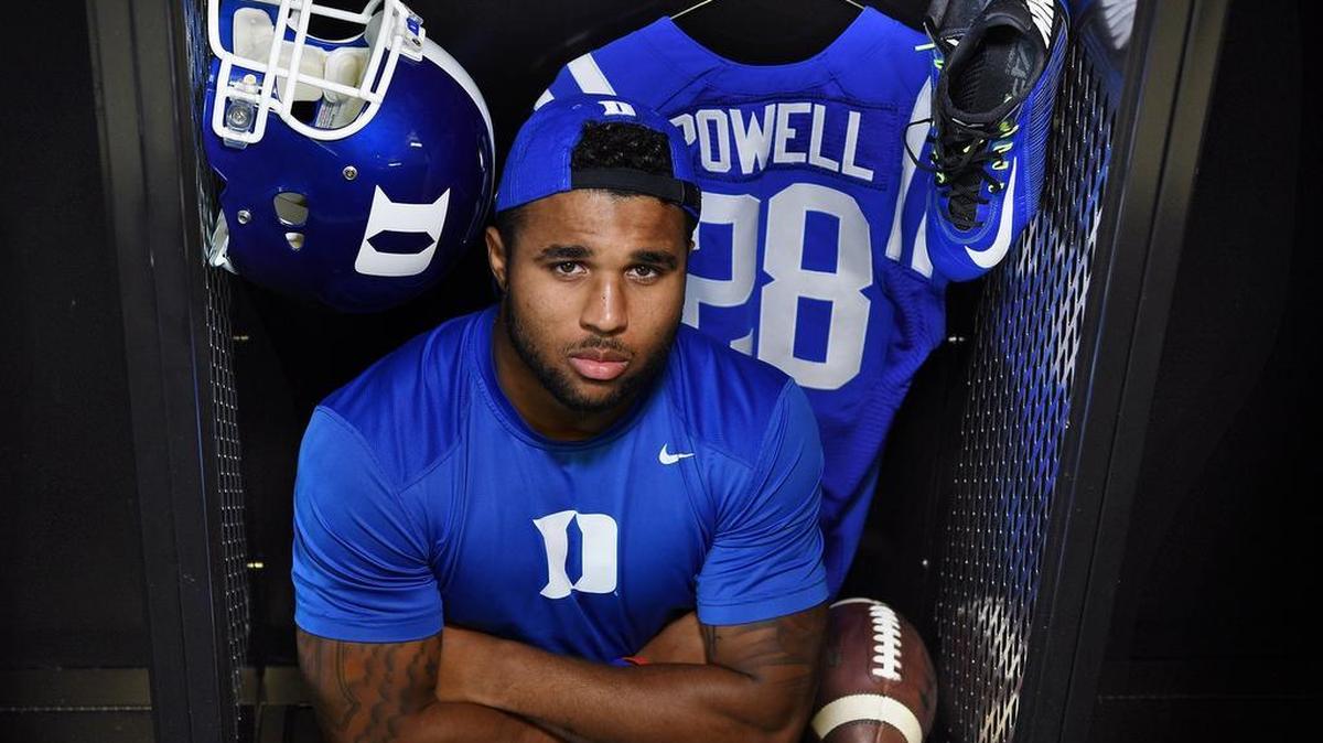 
Duke running back Shaquille Powell poses in the locker room at Wallace Wade Stadium Saturday, Aug. 22, 2015. Powell, a senior from Las Vegas, lost his younger brother to a rapid form of cancer over the summer and has been dealing with the tragedy.

