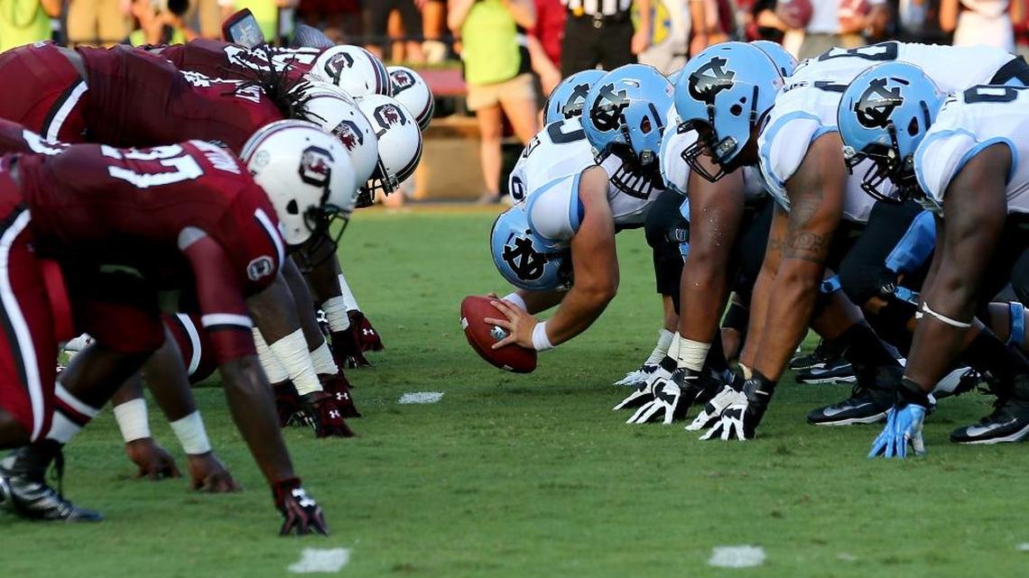 
The North Carolina Tar Heels and South Carolina Gamecocks during their game at Williams-Brice Stadium on August 29, 2013 in Columbia, S.C. The two teams face each other at Bank of America Stadium Thursday.
