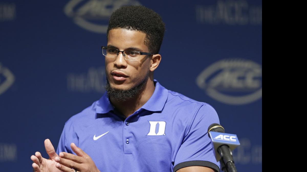 
Duke's Jeremy Cash responds to questions during the ACC NCAA college football kickoff in Pinehurst, Monday, July 20, 2015.
