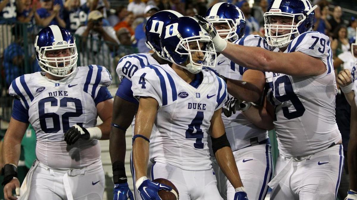 
Johnell Barnes (4) of the Duke Blue Devils celebrates after scoring a touchdown against the Tulane Green Wave at Yulman Stadium on Thursday  in New Orleans. 
