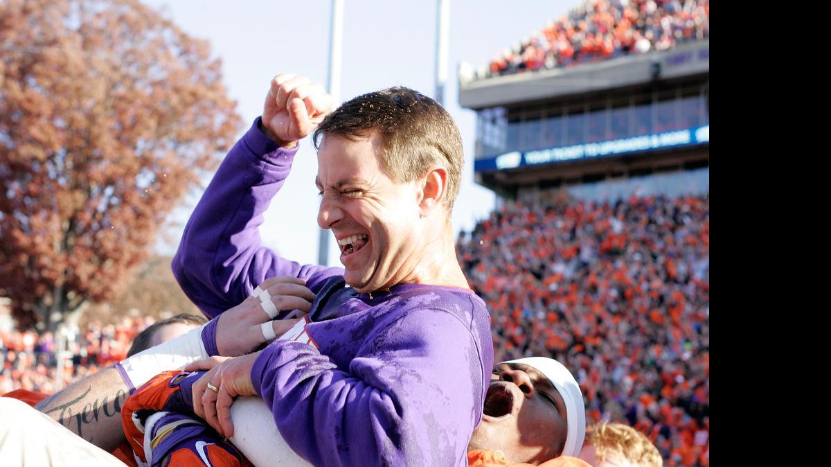 
Clemson head coach Dabo Swinney celebrates after beating South Carolina on Nov. 29, 2014.  A sweep by the ACC of the SEC — Clemson over South Carolina, Florida State over Florida, Louisville over Kentucky and Georgia Tech over Georgia — in the final weekend of the regular season helped the ACC’s credibility, as did Georgia Tech’s Orange Bowl win over Mississippi State.


