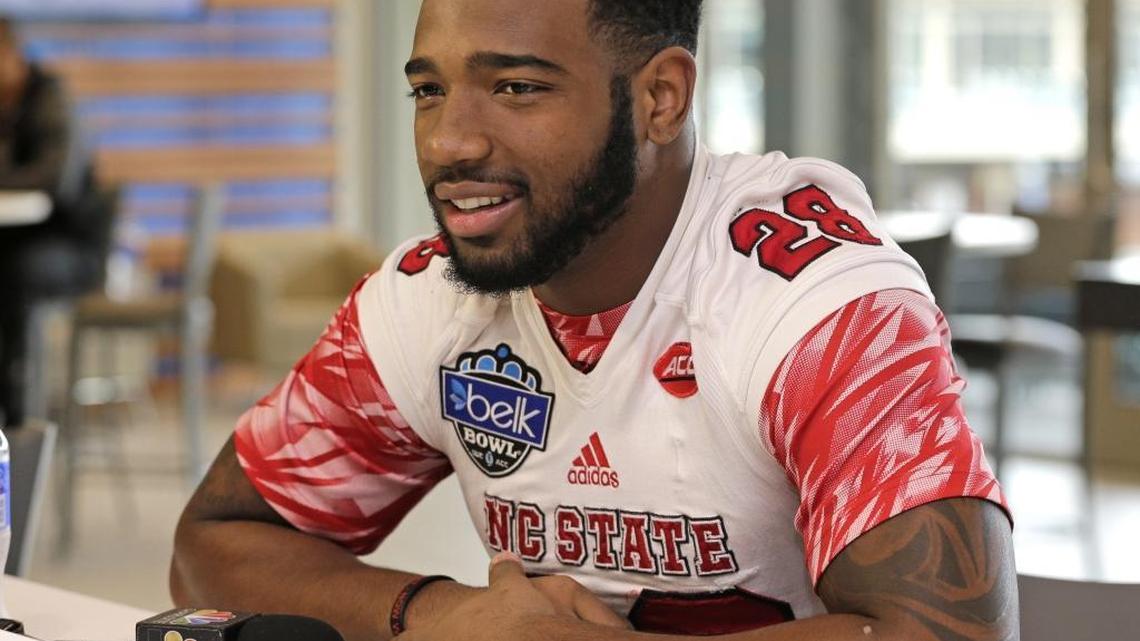 N.C. State's Jaylen Samuels, the former Mallard Creek High star, addresses the media during Tuesday’s Belk Bowl news conference at BB&T Ballpark. Samuels and the Wolfpack will play Mississippi State on Wednesday at Bank of America Stadium.