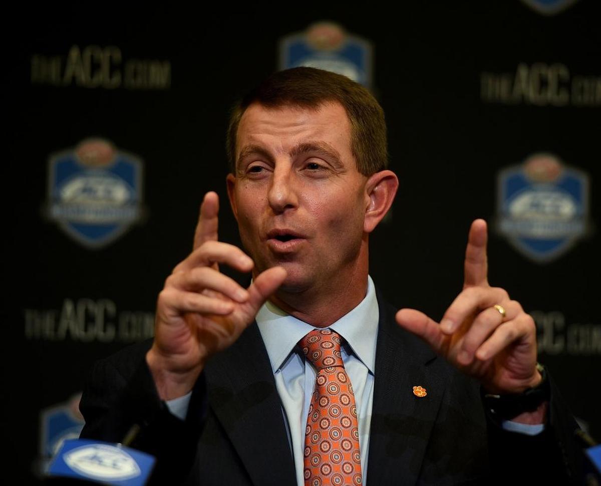 Clemson coach Dabo Swinney makes a point during a news conference at Bank of America Stadium Friday afternoon. His team will play Miami for the ACC title Saturday evening.