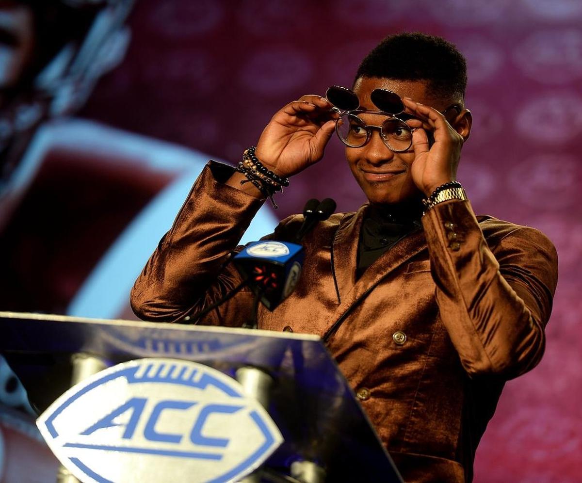 Virginia Tech wide receiver Cam Phillips wore distinctive glasses for the Virginia Tech press conference during Day 2 of ACC Media Day at the Westin Hotel.