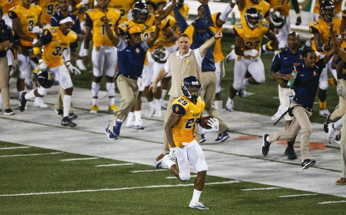 North Carolina A&T defensive back Franklin “Mac” McCain III dashed 80 yards for the decisive touchdown after an interception late in the fourth quarter of Saturday’s game against the Charlotte 49ers.