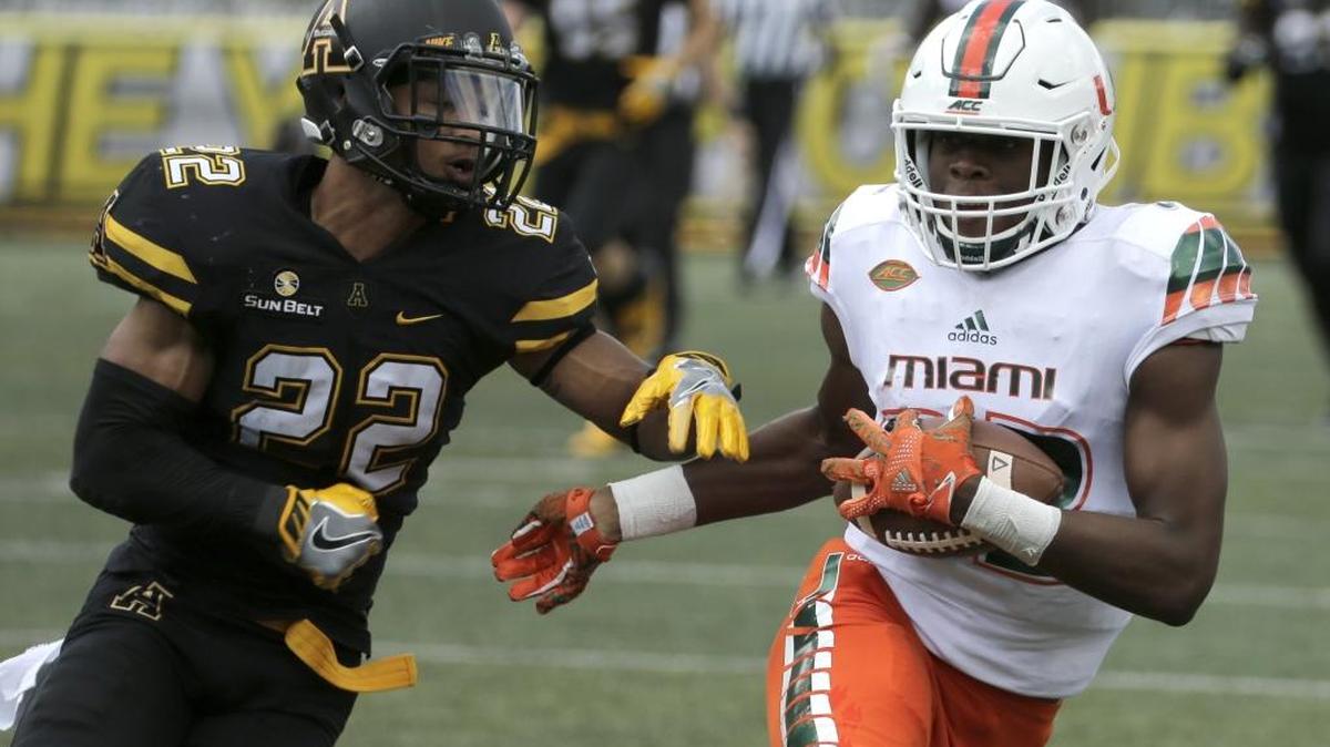 In a nonconference game in Boone last season, Appalachian State cornerback Clifton Duck defends against Miami’s Ahmmon Richards.