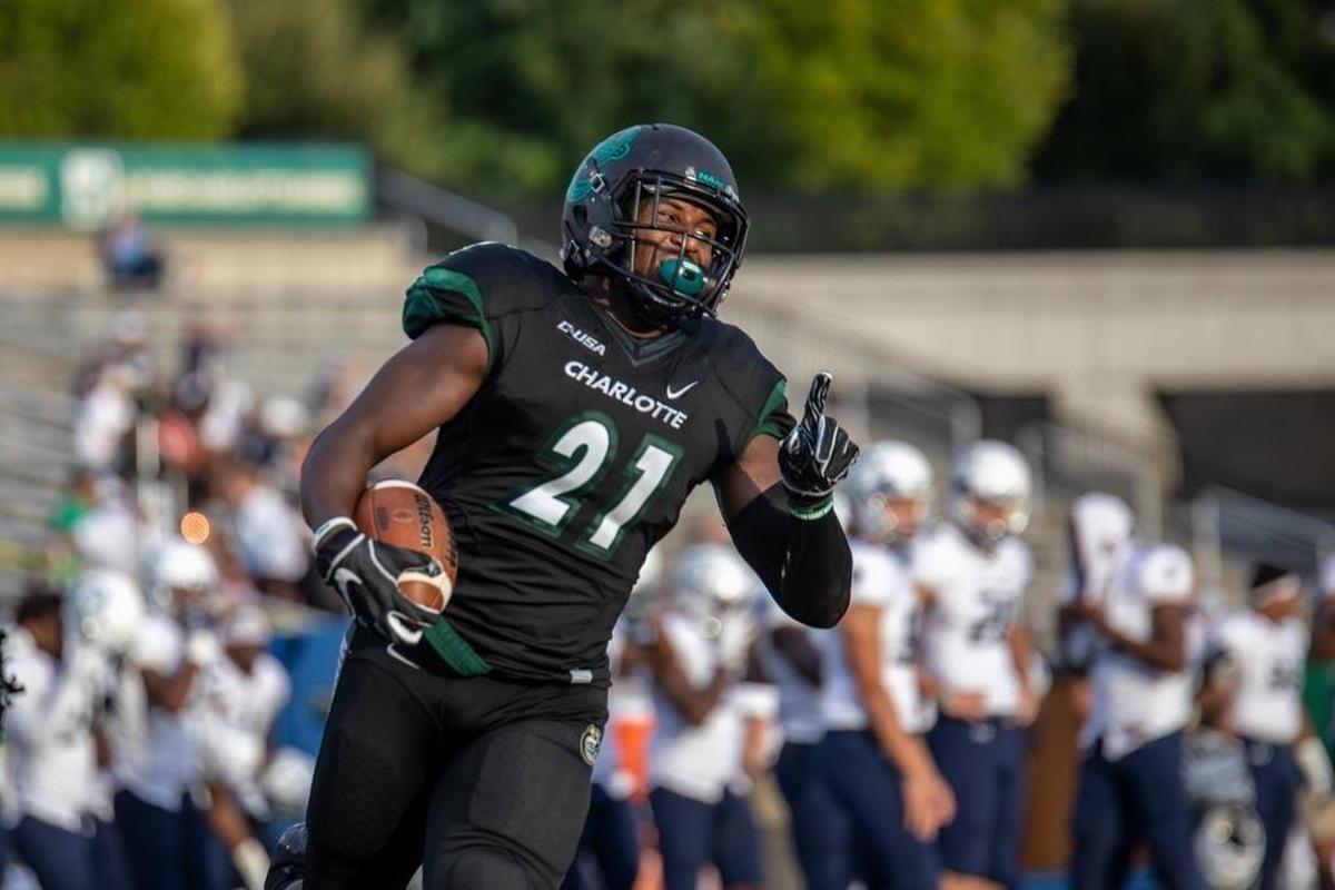 Charlotte 49ers linebacker Juwan Foggie is pictured returning an interception 48 yards on Sept. 15 against Old Dominion. Foggie, a former wide receiver, leads the country this season with six interceptions.