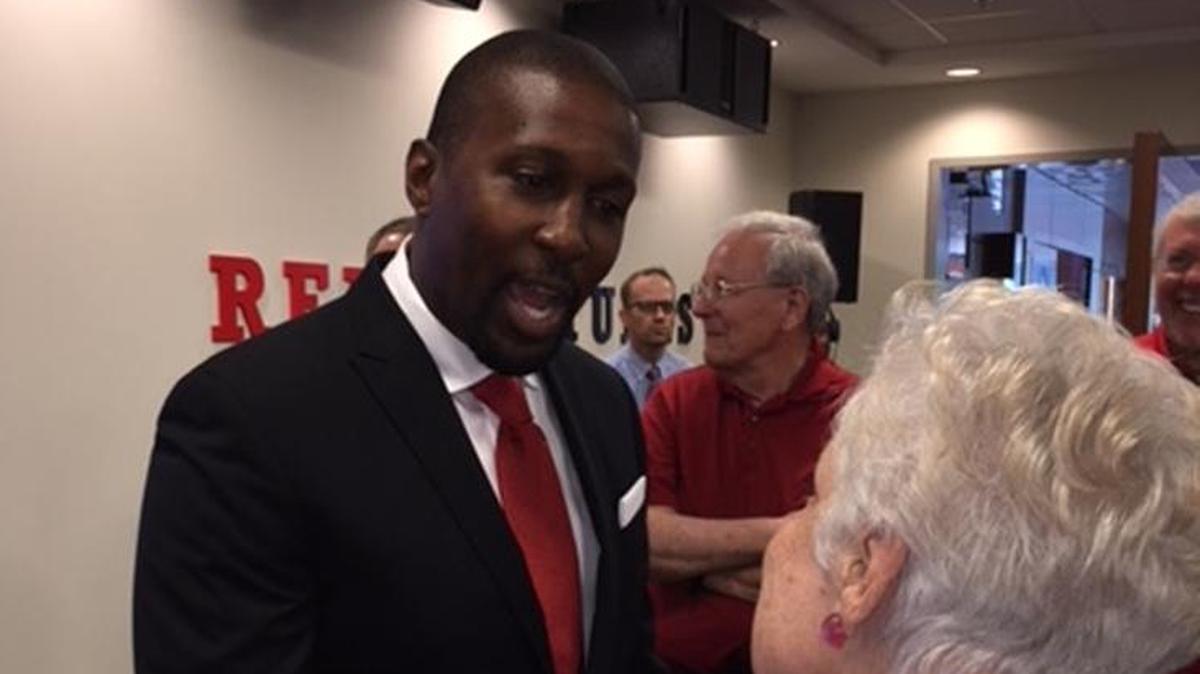 Davidson’s new athletics director, Chris Clunie, meets some of the faculty, administration, athletes and supporters in a campus gathering on Monday.