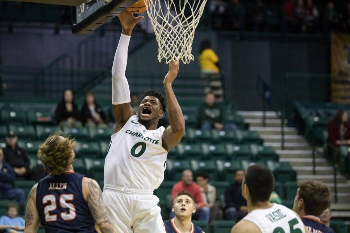 Charlotte 49ers freshman center Jailan Haslem (0) puts back an offensive rebound in Saturday’s game against Texas - San Antonio at Halton Arena.